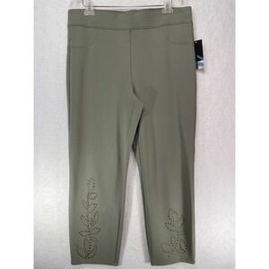 Slim Factor 1X Slim Straight Elastic Waist Pants NWT Green Studded Accents